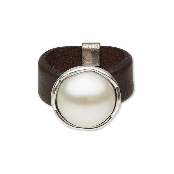 Ring, leather (dyed) / acrylic pearl / silver-plated "pewter" (zinc-based alloy), dark brown and white, 15mm round, size 8. Sold individually. image number 0