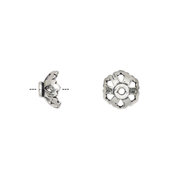 Bead cap, antiqued sterling silver, 9x4mm flower with cutout design, fits 8-10mm bead. Sold per pkg of 6. image number 0