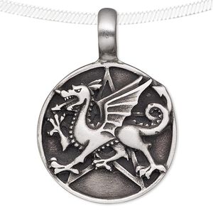 Pendant, antiqued pewter (tin-based alloy), 46x33mm round with dragon and star design. Sold individually.