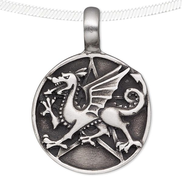 Pendant, antiqued pewter (tin-based alloy), 46x33mm round with dragon and star design. Sold individually. image number 0