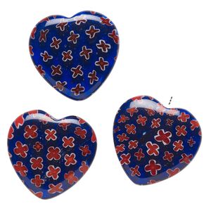 Bead, millefiori glass, translucent multicolored cobalt blue, red, white and clear, 24-26mm half-drilled puffed heart with flower design. Sold per pkg of 3.