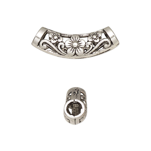 Bead, antique silver-finished "pewter" (zinc-based alloy), 25x9mm curved tube with cutout flowers design. Sold per pkg of 6. image number 0