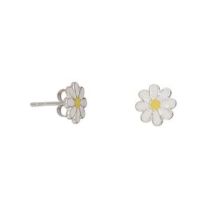 Earstud, enamel and sterling silver, white and yellow, 8x8mm daisy with post. Sold per pair.