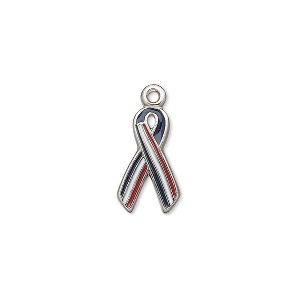 Charm, antiqued pewter (tin-based alloy), red / white / blue, 16x9mm awareness ribbon. Sold per pkg of 2. image number 0