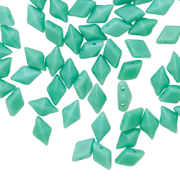 Bead, DiamonDuo™, Czech pressed glass, opaque green turquoise, 8x5mm faceted diamond with flat back and (2) 0.7-0.8mm holes. Sold per 10-gram pkg, approximately 70 beads. image number 0