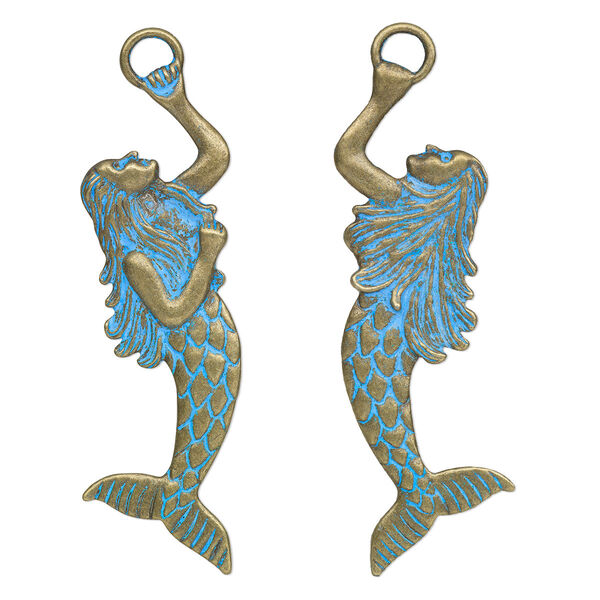 Focal, antique brass-finished pewter (tin-based alloy), blue patina, 2-4/5 x 1-inch two-sided mermaid. Sold per pkg of 4. image number 0