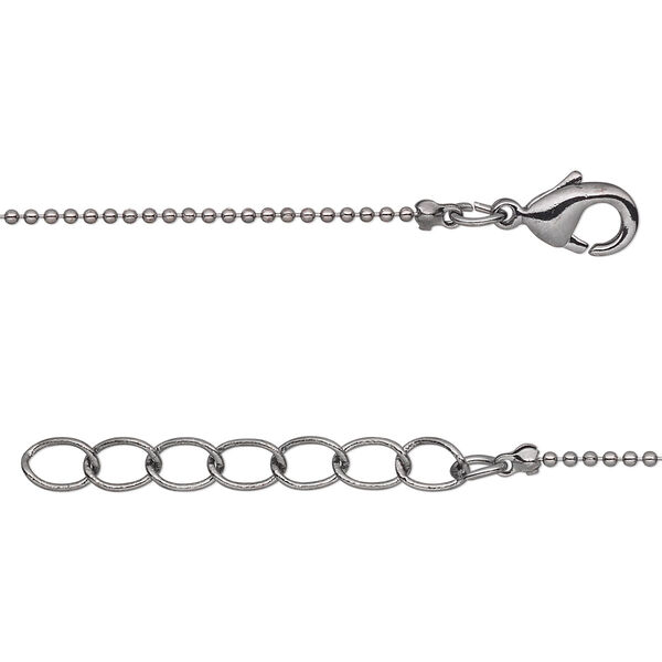Chain, gunmetal-plated brass, 1mm ball, 7-1/2 inches with 1-1/4 inch extender chain and lobster claw clasp. Sold per pkg of 6. image number 0