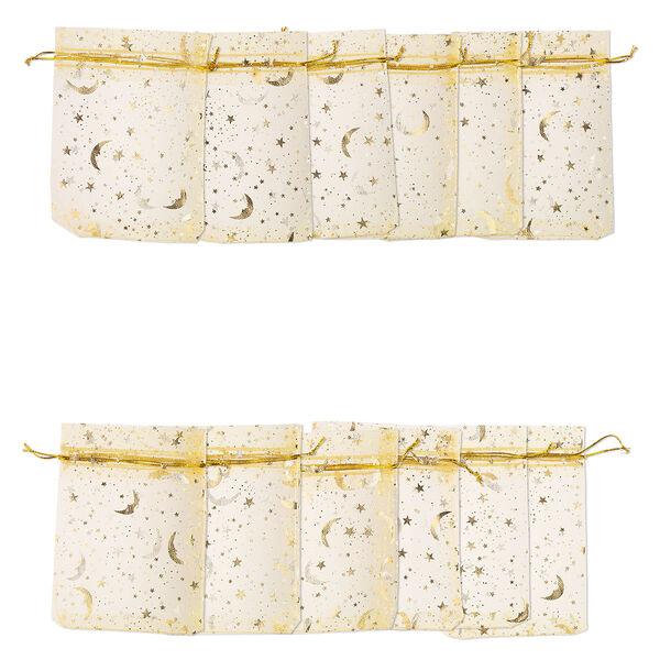 Pouch, organza, pkg/12, gold and silver, 4-1/2 x 3-1/2 inches with moon and star pattern and drawstring closure. image number 0