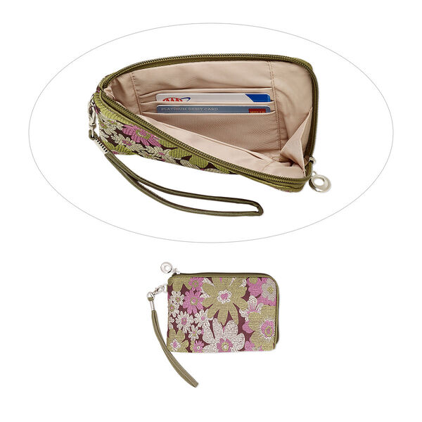 Wallet, silk damask with silver-plated steel and "pewter" (zinc-based alloy), brown / green / purple, 6-1/2 x 4-1/4 inch rectangle wristlet with flower design. Sold individually. image number 0