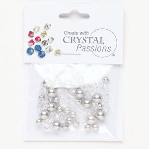 Crystal / crystal pearl 1pkg50 Crystal Passions® bicone bead / round pearl mix crystal clear / light grey 4mm / 6mm 5328