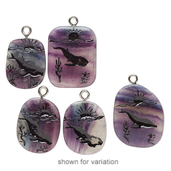 Focal, antique silver-finished steel / purple fluorite (natural) / enamel, black, 26x24mm-34x29mm freeform with whale, Mohs hardness 4. Sold individually. image number 0