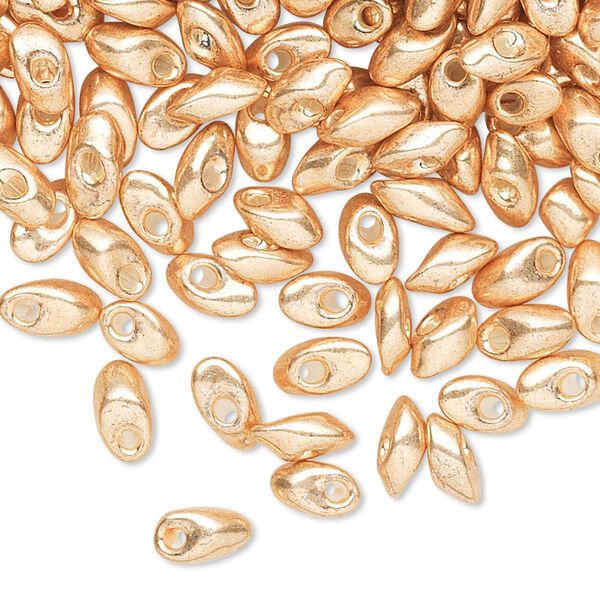 Seed bead, Miyuki, glass, pkg/250g, 7x4mm long magatama, opaque metallic shiny gold (LMA-1052). image number 0