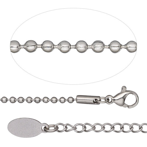 Chain, stainless steel, 2mm ball, 18 inches with 2-inch extender chain and lobster claw clasp. Sold individually. image number 0