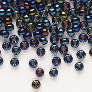 Seed bead, Miyuki, glass, pkg/25g, #6 rocaille, opaque metallic iris dark blue, (RR-452).