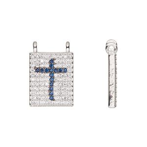 Connector, cubic zirconia and silver-finished brass, clear and dark blue, 13.5x11mm single-sided rectangle with cross. Sold individually.