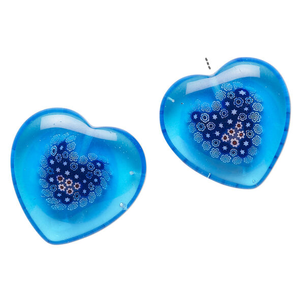 Bead, millefiori glass, translucent multicolored, 18-20mm half-drilled puffed heart with flower design. Sold per pkg of 2. image number 0