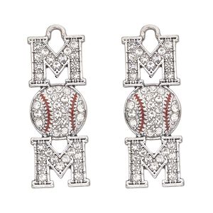 Focal, antique silver-finished "pewter" (zinc-based alloy) and glass, clear and red, 32x12mm single-sided mom and baseball. Sold per pkg of 2.