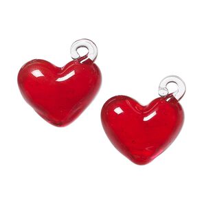 Drop, lampworked glass, translucent red, 18x15mm puffed heart. Sold per pkg of 2.