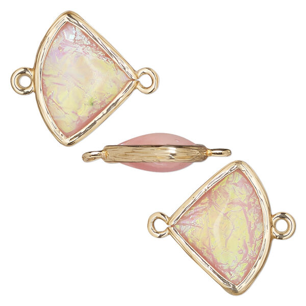Link, Opalized Ice™, "opal" (resin) and gold-finished brass, light pink, 19x15mm double-sided fan. Sold per pkg of 4. image number 0