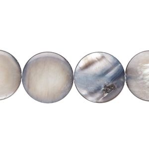 Bead, mother-of-pearl shell (dyed), steel blue, 14-15mm flat round with 0.8-1mm hole, Mohs hardness 3-1/2. Sold per 15-inch strand.