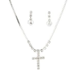 Necklace and earring set, rhinestone with silver-plated brass and steel, crystal clear, 28x18mm cross focal, 16 inches with 2-inch extender chain and springring clasp, earstud. Sold per set.