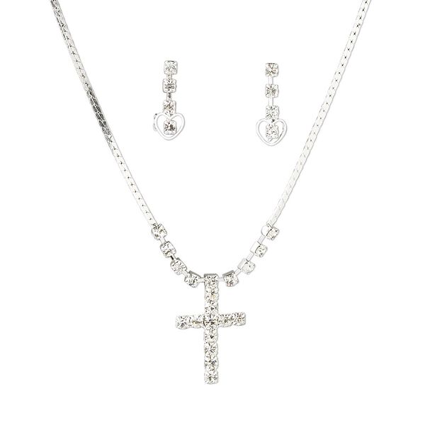 Necklace and earring set, rhinestone with silver-plated brass and steel, crystal clear, 28x18mm cross focal, 16 inches with 2-inch extender chain and springring clasp, earstud. Sold per set. image number 0