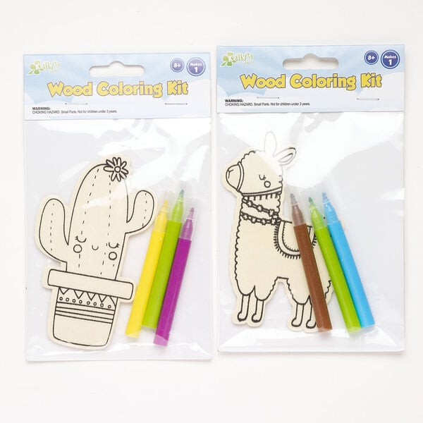 Coloring kit 2pkg4, wood (natural), 4-1/2x3 inch cactus and 4-1/2x3 inch llama. image number 0