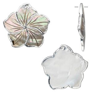 Focal, black lip shell with silver-colored foil and resin coating, 48mm carved flower. Sold individually.