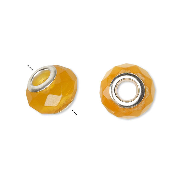 Bead, Dione®, cat's eye glass (fiber optic glass) and silver-plated brass grommets, yellow, 13x10mm-14x10mm faceted rondelle. Sold per pkg of 4. image number 0