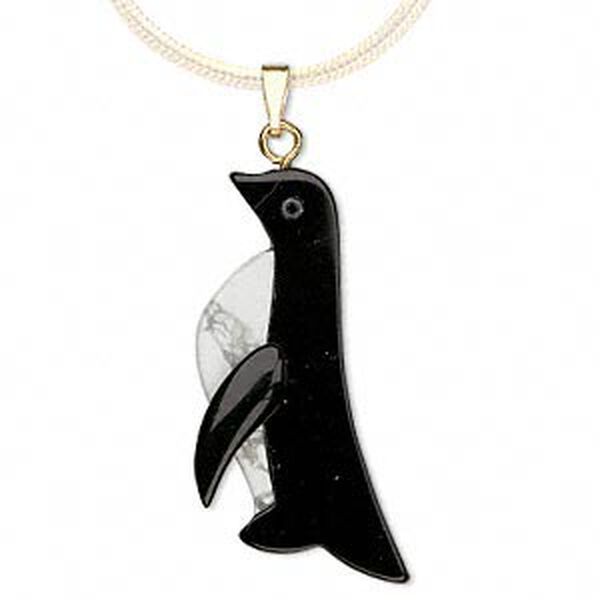 Pendant, white howlite (natural) / black onyx (dyed) / gold-finished steel, 35x17mm penguin, Mohs hardness 3 to 3-1/2. Sold individually. image number 0