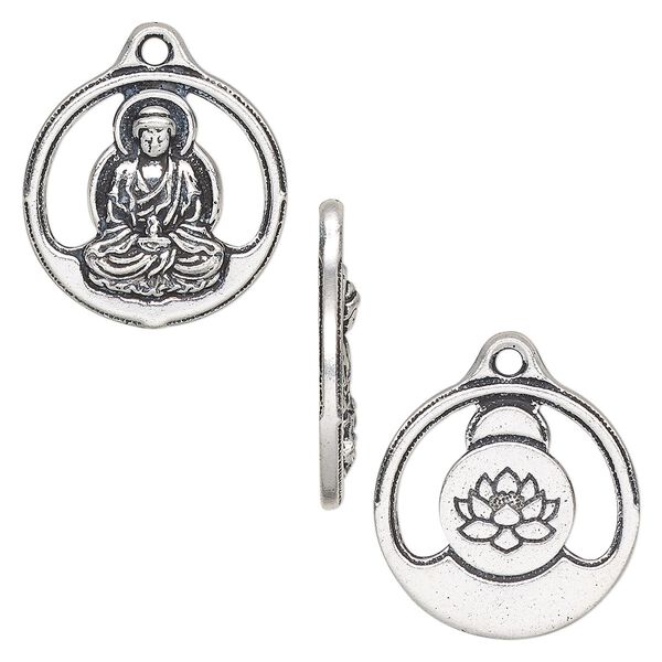 Drop, TierraCast®, antique silver-plated pewter (tin-based alloy), 21mm two-sided open round with Buddha and lotus design. Sold per pkg of 2. image number 0