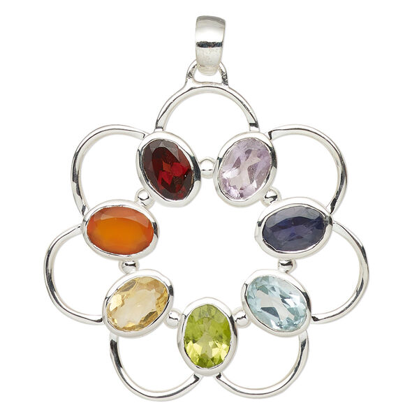 Pendant, multi-gemstone (natural / dyed / heated / irradiated) and sterling silver, 35mm single-sided open flower. Sold individually. image number 0