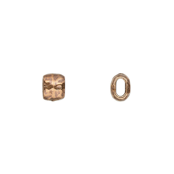 Bead, TierraCast®, antique copper-plated pewter (tin-based alloy), 7x5.5mm flattened hammered barrel. Sold per pkg of 4. image number 0