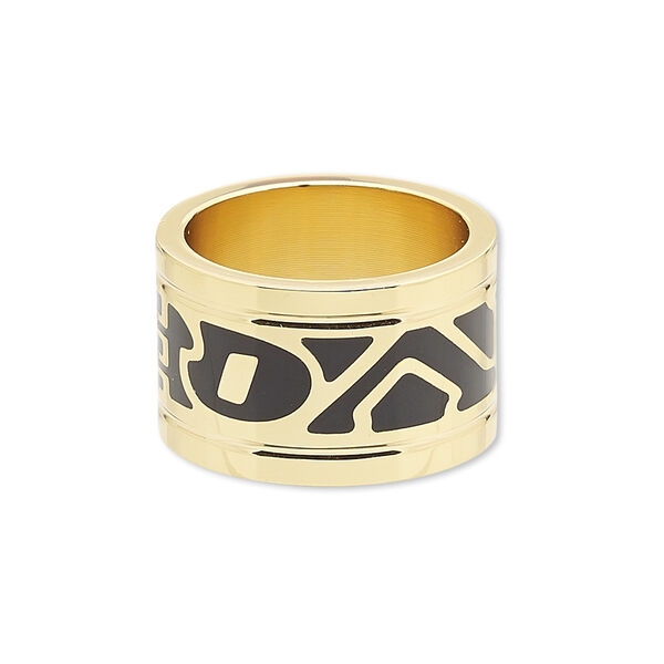 Ring, Avant-Garde Jewelry Collection, enamel and gold-plated brass, black, 14mm wide with abstract design, size 8-1/2. Sold individually. image number 0