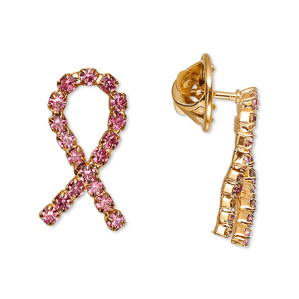 Spot pin, glass rhinestone and gold-finished brass, pink, 1-inch breast cancer awareness ribbon. Sold individually. image number 0