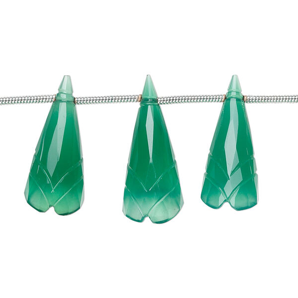 Bead, green onyx (dyed), 18x8mm-24x10mm graduated hand-cut top-drilled carved cone flower, B+ grade, Mohs hardness 6-1/2 to 7. Sold per pkg of 5 beads. image number 0