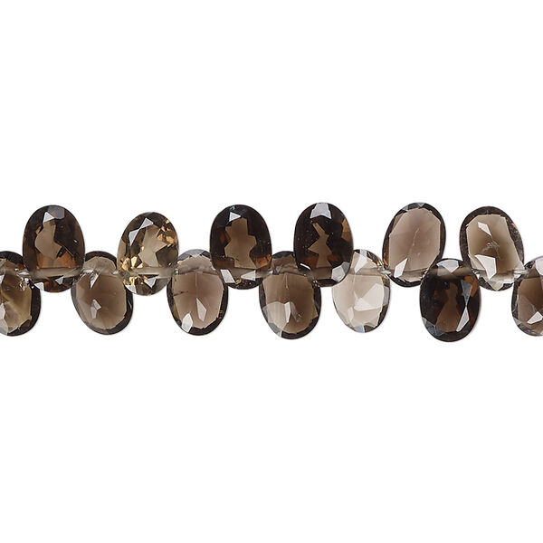 Bead, smoky quartz (heated / irradiated), light to dark, 7x5mm-8x6mm hand-cut top-drilled faceted puffed oval with flat side, B grade, Mohs hardness 7. Sold per 15-inch strand, approximately 100 beads. image number 0