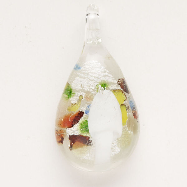 Focal, lampworked glass, translucent white / clear / multicolored, 28x19mm-38x22mm teardrop with mushroom. Sold individually. image number 0