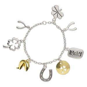 Bracelet component, silver- / gold- / antique gold-finished "pewter" (zinc-based alloy) / steel, 14mm-20x15mm assorted charms, 7 inches. Sold individually.