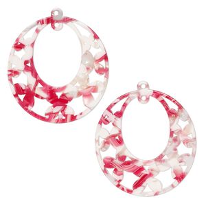 Focal, resin, pink / red / white, 40x38mm oval go-go with flowers and loop. Sold per pkg of 2.