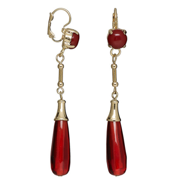 Earring, acrylic / resin / gold-finished brass / steel / "pewter" (zinc-based alloy), red and dark red, 3 inches with teardrop and leverback ear wire. Sold per pair. image number 0