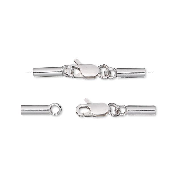 Clasp, lobster claw, sterling silver, 30x5mm with 9x5mm and 8x2.5mm glue-in cord ends, 2mm inside diameter. Sold per pkg of 10. image number 0