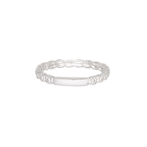 Ring, Create Compliments®, sterling silver, clear, 1.5mm wide flower, size 9. Sold individually. image number 0