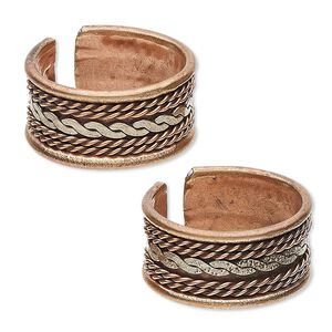 Ring, brass and copper, 10mm wide with twisted and flat twisted design, adjustable. Sold per pkg of 2.