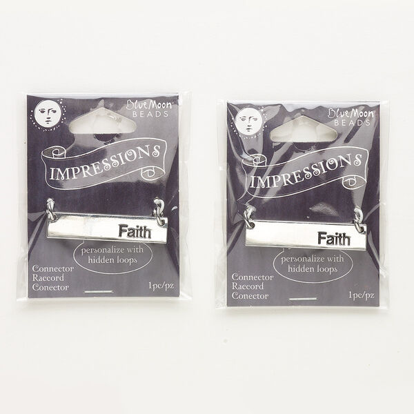 Focal, silver-finished "pewter" (zinc-based alloy) and steel, black, 37x8mm rectangle with "faith" and 3 hidden loops. Sold per pkg of 2. image number 0