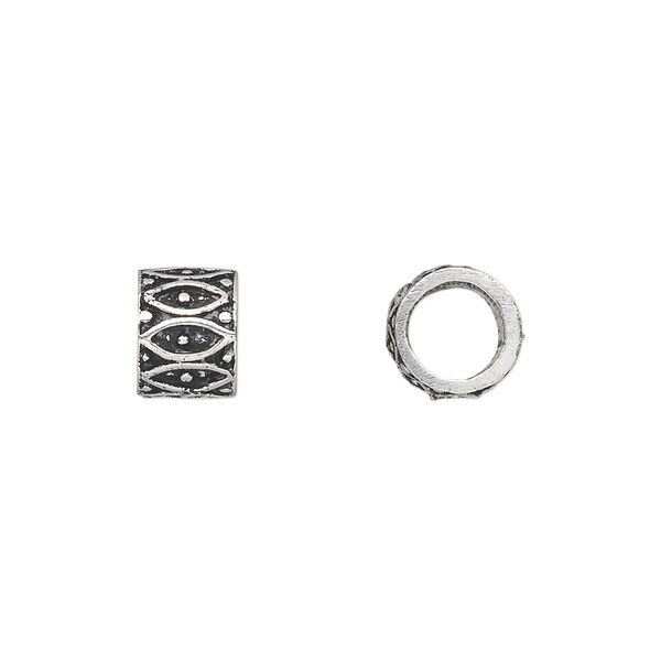 Bead, antique silver-plated white brass, 9x7mm fancy tube with dot and diamond accents, 6mm hole. Sold per pkg of 6. image number 0