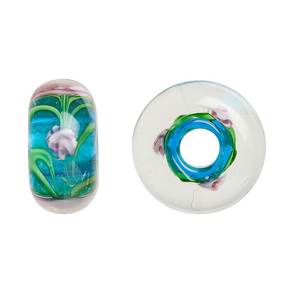 Bead, lampworked glass, opaque teal and multicolored, 20x10mm rondelle with rose. Sold per pkg of 2. image number 0