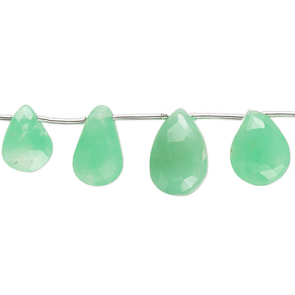 Bead, chrysoprase (natural), 8x5mm-13x9mm graduated hand-cut top-drilled faceted puffed teardrop, B grade, Mohs hardness 6-1/2 to 7. Sold per 4-inch strand, approximately 11 beads. image number 0