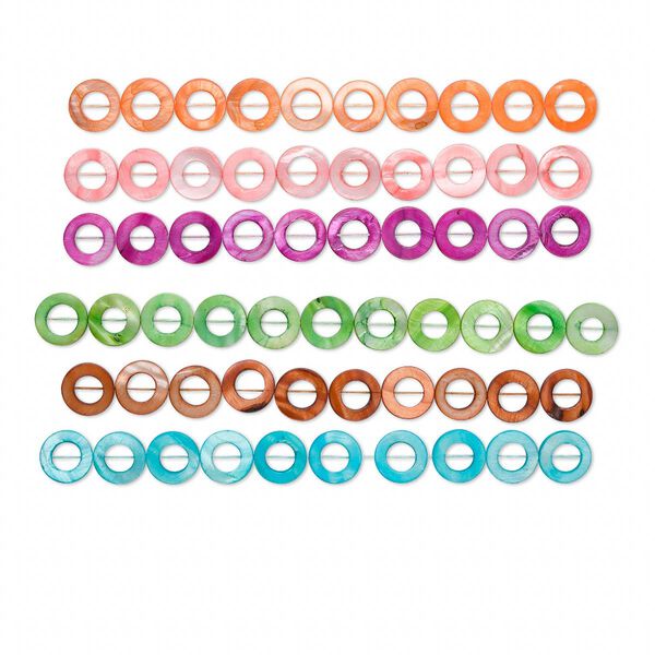 Bead, mother-of-pearl shell (dyed), assorted colors, 20mm round donut, Mohs hardness 3-1/2. Sold per pkg of (6) 15-1/2" to 16" strands. image number 0