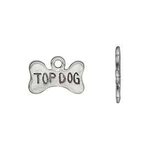 Charm, pewter (tin-based alloy), pkg/1, antiqued, 16.5x10mm dog bone with "TOP DOG."